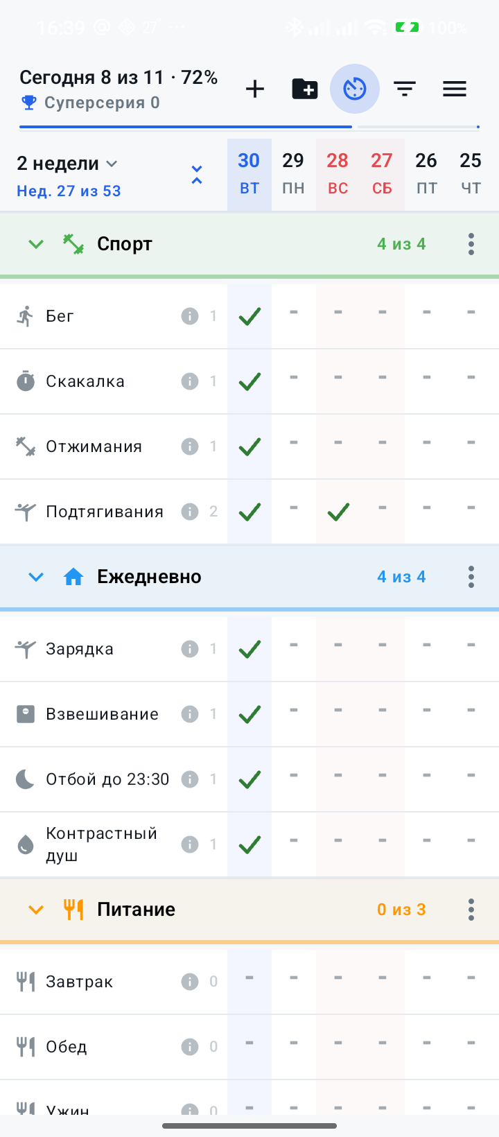 Недельная таблица привычек в приложении Толк